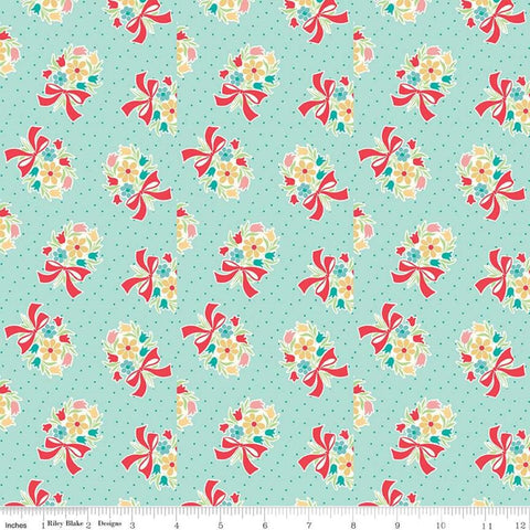 Image of the Vintage Happy 2 Bouquet Songbird quilting cotton fabric by Lori Holt for Riley Blake Designs. Features a floral bouquet on a pin dot light mint background.  
Cute Little Fabric Shop