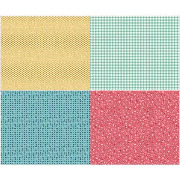 Image of the Vintage Happy 2 Fat Quarter Panel Two quilting cotton fabric by Lori Holt for Riley Blake Designs. Features 4 different fat quarters. Panel size is 36 inches x 43 inches. 
Cute Little Fabric Shop