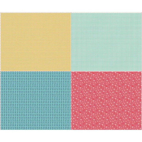 Image of the Vintage Happy 2 Fat Quarter Panel Two quilting cotton fabric by Lori Holt for Riley Blake Designs. Features 4 different fat quarters. Panel size is 36 inches x 43 inches. 
Cute Little Fabric Shop