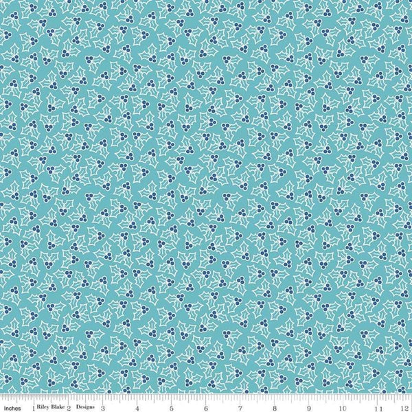 Image of the Cozy Christmas Holly Blue fabric by Riley Blake Designs. Features tossed holly and berries on a blue background. 
Cute Little Fabric Shop