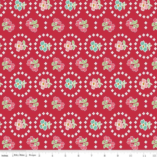 Image of the Granny Chic Curtains Red quilting cotton fabric by Lori Holt for Riley Blake Designs. Features a flower bordered by a circle of small white flowers on a red background. 
Cute Little Fabric Shop
