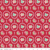 Image of the Granny Chic Curtains Red quilting cotton fabric by Lori Holt for Riley Blake Designs. Features a flower bordered by a circle of small white flowers on a red background. 
Cute Little Fabric Shop