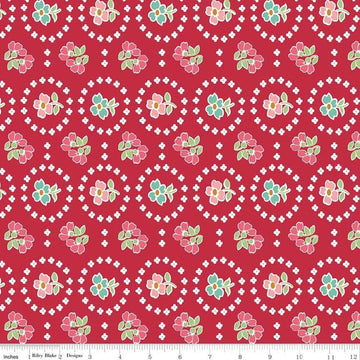 Image of the Granny Chic Curtains Red quilting cotton fabric by Lori Holt for Riley Blake Designs. Features a flower bordered by a circle of small white flowers on a red background. 
Cute Little Fabric Shop