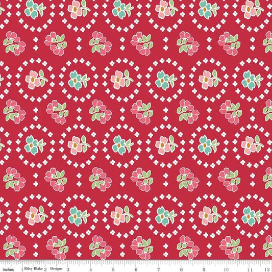 Image of the Granny Chic Curtains Red quilting cotton fabric by Lori Holt for Riley Blake Designs. Features a flower bordered by a circle of small white flowers on a red background. 
Cute Little Fabric Shop