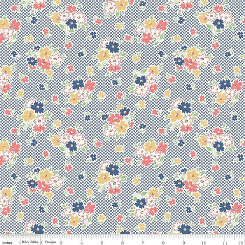 Image of the Farm Girl Vintage Main Denim quilting cotton fabric by Lori Holt for Riley Blake Designs. Features small flowers gathered in bouquets with a white lattice background. 
Cute Little Fabric Shop