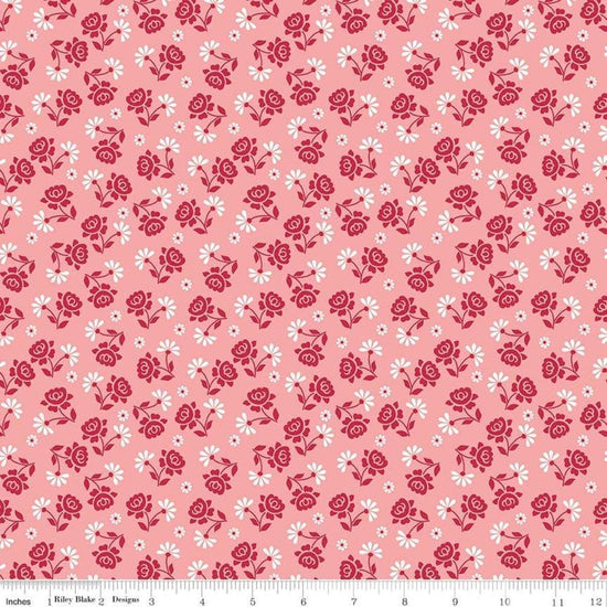 Image of the Granny Chic Roses Pink quilting cotton fabric by Lori Holt for Riley Blake Designs. Features a small scale rose and daisy in a scattered pattern on a pink background. 
Cute Little Fabric Shop