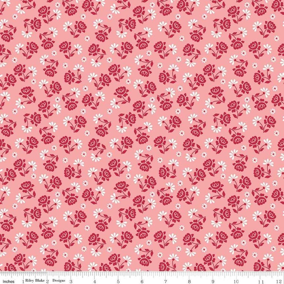 Image of the Granny Chic Roses Pink quilting cotton fabric by Lori Holt for Riley Blake Designs. Features a small scale rose and daisy in a scattered pattern on a pink background. 
Cute Little Fabric Shop