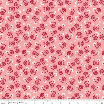 Image of the Granny Chic Roses Pink quilting cotton fabric by Lori Holt for Riley Blake Designs. Features a small scale rose and daisy in a scattered pattern on a pink background. 
Cute Little Fabric Shop