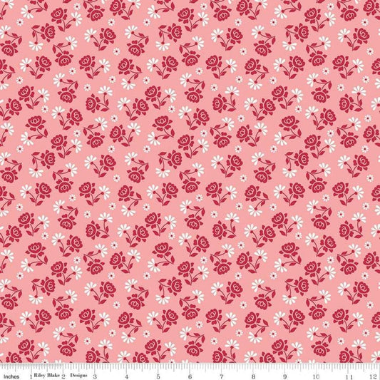 Image of the Granny Chic Roses Pink quilting cotton fabric by Lori Holt for Riley Blake Designs. Features a small scale rose and daisy in a scattered pattern on a pink background. 
Cute Little Fabric Shop