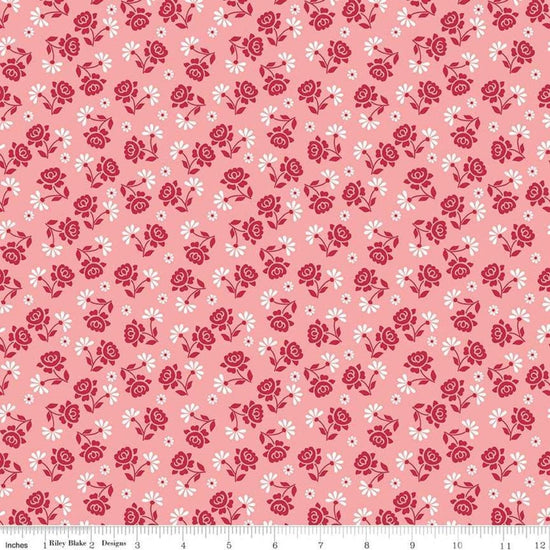 Image of the Granny Chic Roses Pink quilting cotton fabric by Lori Holt for Riley Blake Designs. Features a small scale rose and daisy in a scattered pattern on a pink background. 
Cute Little Fabric Shop