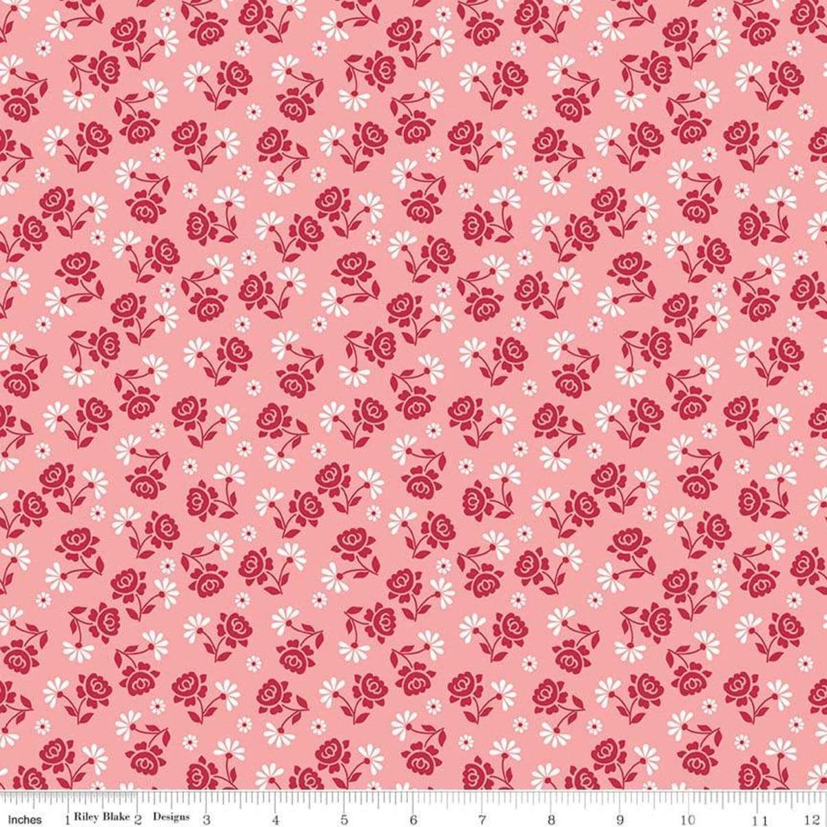 Image of the Granny Chic Roses Pink quilting cotton fabric by Lori Holt for Riley Blake Designs. Features a small scale rose and daisy in a scattered pattern on a pink background. 
Cute Little Fabric Shop
