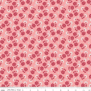 Image of the Granny Chic Roses Pink quilting cotton fabric by Lori Holt for Riley Blake Designs. Features a small scale rose and daisy in a scattered pattern on a pink background. 
Cute Little Fabric Shop
