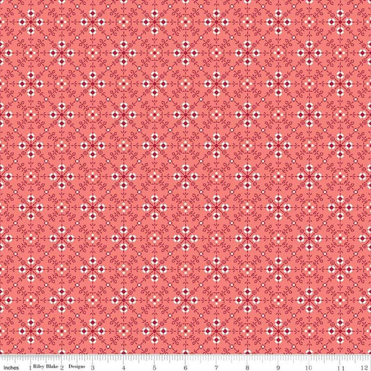 Image of the Granny Chic Stitches Pink quilting cotton fabric by Lori Holt for Riley Blake Designs. Features a stitched floral pattern on the diagonal on a pink coral background.
Cute Little Fabric Shop