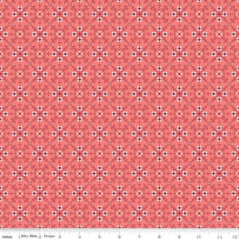 Image of the Granny Chic Stitches Pink quilting cotton fabric by Lori Holt for Riley Blake Designs. Features a stitched floral pattern on the diagonal on a pink coral background.
Cute Little Fabric Shop