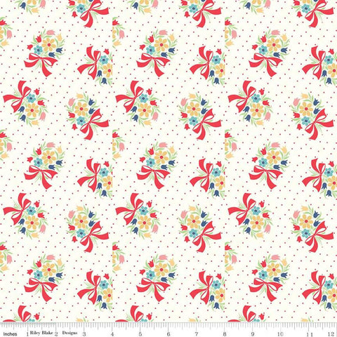 Image of the Vintage Happy 2 Bouquet Cloud quilting cotton fabric by Lori Holt for Riley Blake Designs. Features a floral bouquet on a pin dot cream background.  
Cute Little Fabric Shop