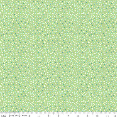 Image of the Vintage Happy 2 Tiny Squares Spring Green quilting cotton fabric by Lori Holt for Riley Blake Designs. Features squares and a &quot;V&quot; shape on a pin dot green background.  
Cute Little Fabric Shop