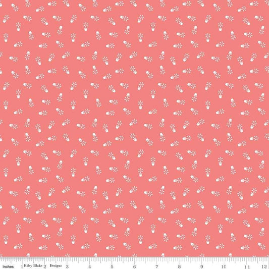 Image of the Farm Girl Vintage Companion Prints Flower Pots Coral quilting cotton fabric by Lori Holt for Riley Blake Designs. Features flowers in pots on a bright pink background. 
Cute Little Fabric Shop