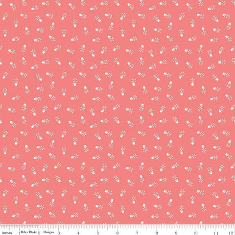 Image of the Farm Girl Vintage Companion Prints Flower Pots Coral quilting cotton fabric by Lori Holt for Riley Blake Designs. Features flowers in pots on a bright pink background. 
Cute Little Fabric Shop