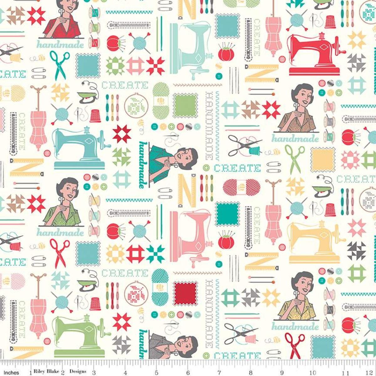 Image of the My Happy Place Home Décor Main Cream fabric by Lori Holt for Riley Blake Designs. Features sewing-themed icons on a lightweight canvas fabric. 
Cute Little Fabric Shop