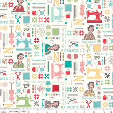 Image of the My Happy Place Home Décor Main Cream fabric by Lori Holt for Riley Blake Designs. Features sewing-themed icons on a lightweight canvas fabric. 
Cute Little Fabric Shop