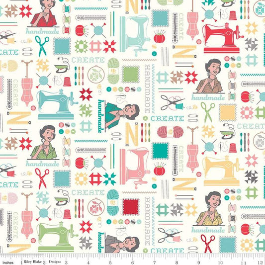 Image of the My Happy Place Home Décor Main Cream fabric by Lori Holt for Riley Blake Designs. Features sewing-themed icons on a lightweight canvas fabric. 
Cute Little Fabric Shop