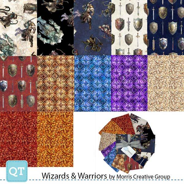 Image of the Wizards and Warriors fat quarter bundle from QT fabrics. Features wizard and warrior themed fabrics. 
Cute Little Fabric Shop