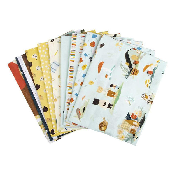 Image of the The Littlest Family&#39;s Big Day 1-Yard Bundle Aqua (9 pieces) by Riley Blake Designs. Features 7 prints and 2 panels. 
Cute Little Fabric Shop