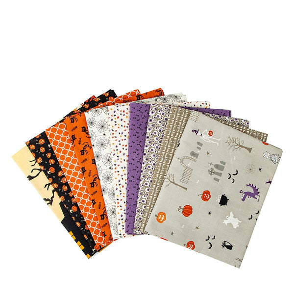 Image of the Beggars Night 1 yard bundle gray. It has ten pieces, 9 prints and one panel. Designed by Sandy Gervais for Riley Blake Designs. Features orange, black, purple, and gray halloween quilting cotton fabrics.
Cute Little Fabric Shop