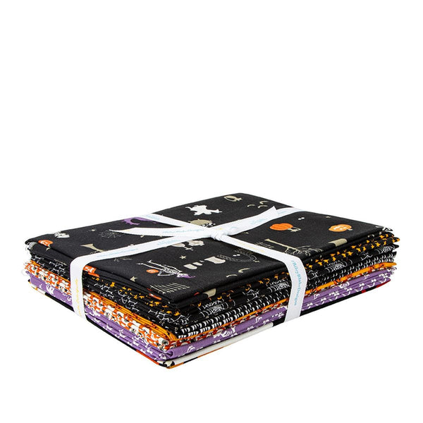 Image of the Beggar&#39;s Night 1 yard bundle black by Sandy Gervais for Riley Blake Designs. Features halloween themed fabrics on black, orange, and purple. 
Cute Little Fabric Shop