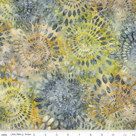 Image of the Wide Back Expressions Batiks Dahlias Pistachio Riley Blake Designs quilting cotton fabric. Features swirls of grey on a yellow green colored background. 
Cute Little Fabric Shop