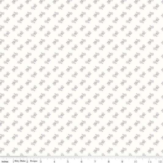 Image of the Bee Backgrounds Bicycle Gray quilting cotton fabric by Lori Holt for Riley Blake Designs. Features small vintage bicycles in diagonal stripes. 
Cute Little Fabric Shop