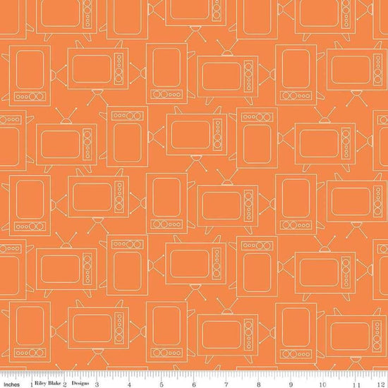 Image of the Bee Basics TV Orange quilting cotton by Lori Holt for Riley Blake Designs. Features line drawings of vintage TV's on an orange background. 
Cute Little Fabric Shop