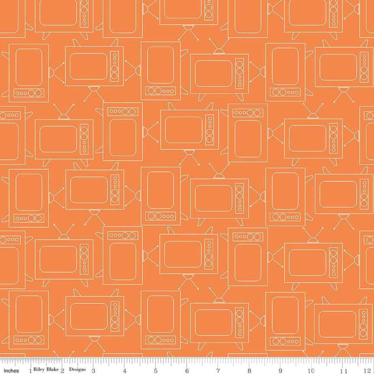 Image of the Bee Basics TV Orange quilting cotton by Lori Holt for Riley Blake Designs. Features line drawings of vintage TV's on an orange background. 
Cute Little Fabric Shop