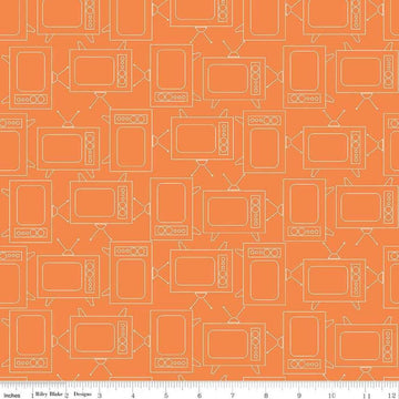 Image of the Bee Basics TV Orange quilting cotton by Lori Holt for Riley Blake Designs. Features line drawings of vintage TV's on an orange background. 
Cute Little Fabric Shop
