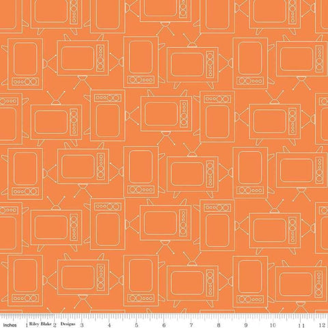 Image of the Bee Basics TV Orange quilting cotton by Lori Holt for Riley Blake Designs. Features line drawings of vintage TV&#39;s on an orange background. 
Cute Little Fabric Shop