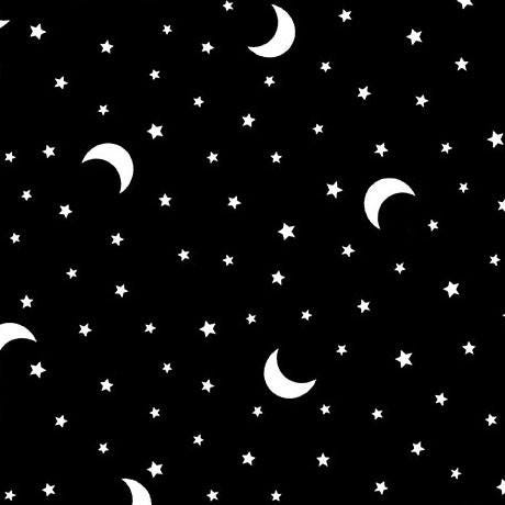 Image of the Michael Miller Hocus Pocus Boo Moon Glow fabric. Features moons and stars on a black background. 
Cute Little Fabric Shop