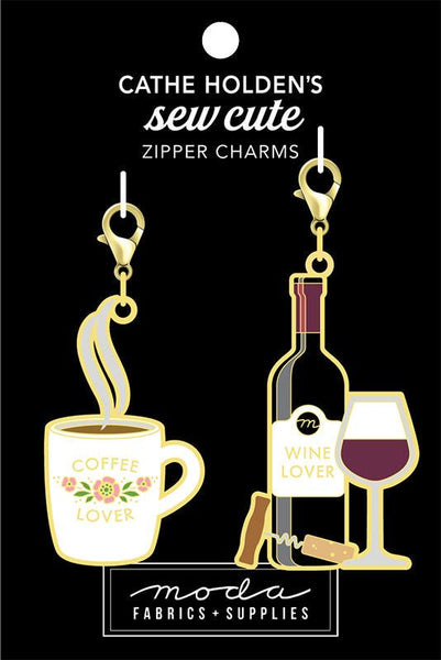 Image of the Sew Cute Coffee Wine zipper charm 2 pack by Cathe Holden for Riley Blake Designs. Features a coffee cup charm and a wine bottle and glass charm. 
Cute Little Fabric Shop