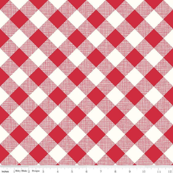 Image of the My Happy Place Home Décor Gingham Red fabric by Lori Holt for Riley Blake Designs. Features diagonal red and white gingham on a lightweight canvas fabric. 
Cute Little Fabric Shop