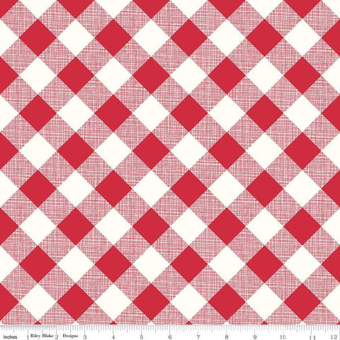 Image of the My Happy Place Home Décor Gingham Red fabric by Lori Holt for Riley Blake Designs. Features diagonal red and white gingham on a lightweight canvas fabric. 
Cute Little Fabric Shop