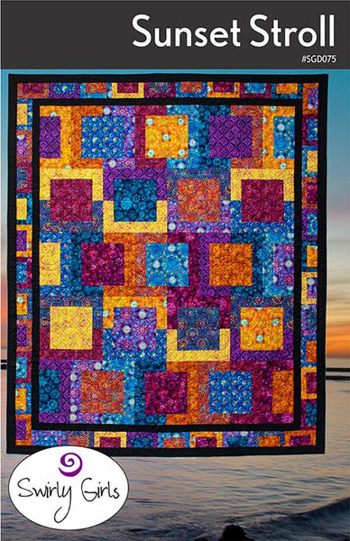 Image of the Sunset Stroll quilt pattern by Swirly Girls for QT Fabrics. Features sunset colored fabrics with squares on a blue background. 
Cute Little Fabric Shop