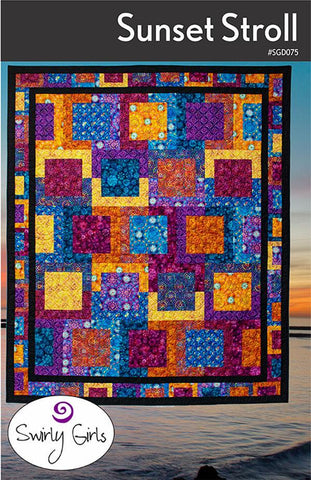 Image of the Sunset Stroll quilt pattern by Swirly Girls for QT Fabrics. Features sunset colored fabrics with squares on a blue background. 
Cute Little Fabric Shop