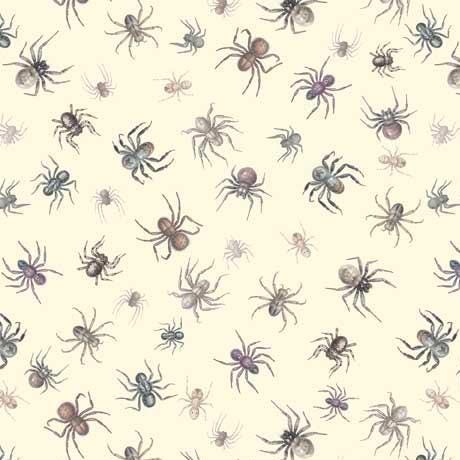 Image of the Creepsville Spider Toss Light Green fabric by Morris Creative Group for QT Fabrics. Features spiders on a light cream green background. 
Cute Little Fabric Shop