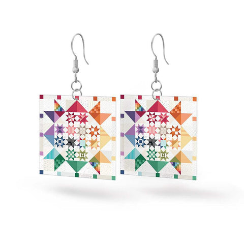 Image of the Leather Square Earrings Shine Together by Riley Blake Designs. Features a rainbow quilt square pattern on full grain leather.  
Cute Little Fabric Shop