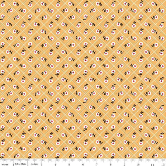 Image of the Prairie Rose Heirloom Daisy quilting cotton fabric by Lori Holt for Riley Blake Designs. Features a flower on a grid design on a yellow background. 
Cute Little Fabric Shop