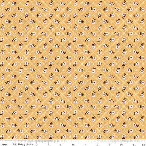 Image of the Prairie Rose Heirloom Daisy quilting cotton fabric by Lori Holt for Riley Blake Designs. Features a flower on a grid design on a yellow background. 
Cute Little Fabric Shop