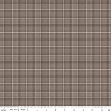 Image of the Prim Evenweave Pebble quilting cotton fabric by Lori Holt for Riley Blake Designs. Features a grid pattern on a brown background. 
Cute Little Fabric Shop