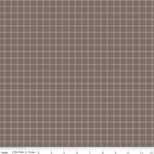 Image of the Prim Evenweave Pebble quilting cotton fabric by Lori Holt for Riley Blake Designs. Features a grid pattern on a brown background. 
Cute Little Fabric Shop