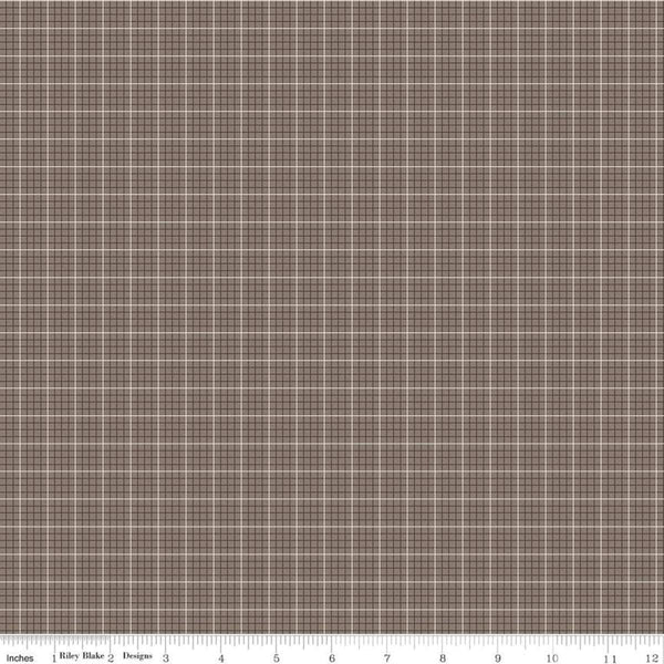 Image of the Prim Evenweave Pebble quilting cotton fabric by Lori Holt for Riley Blake Designs. Features a grid pattern on a brown background. 
Cute Little Fabric Shop