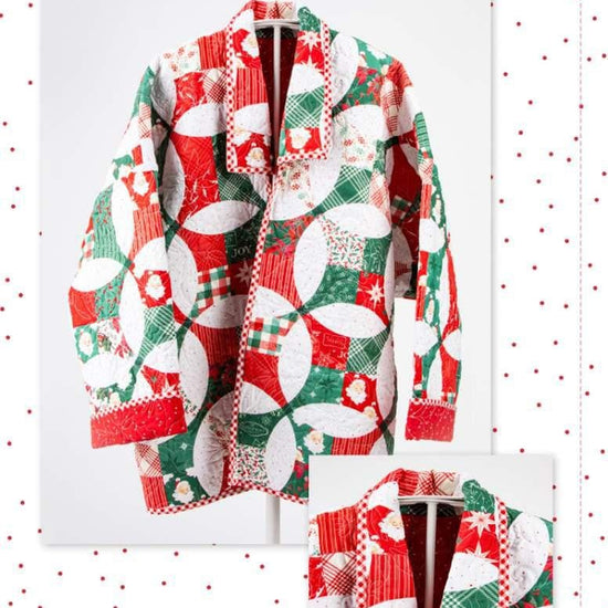 Image of the Quilted Jacket Pattern by Paula McKinlay and Claire Root. Features a jacket with a quilted pattern on a white pin dot pattern. 
Cute Little Fabric Shop