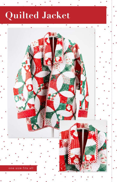 Image of the Quilted Jacket Pattern by Paula McKinlay and Claire Root. Features a jacket with a quilted pattern on a white pin dot pattern. 
Cute Little Fabric Shop